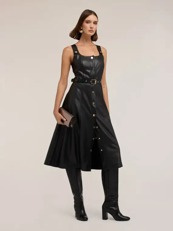 Vestito flare con cintura in tessuto spalmato Donna, Nero