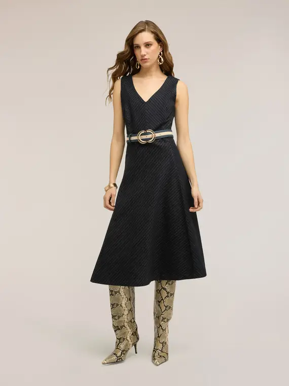 Vestito flare in denim gessato Donna, Blu miniatura 3