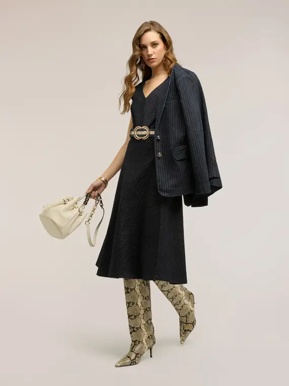 Vestito flare in denim gessato Donna, Blu