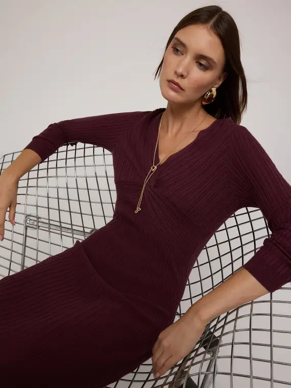 Vestito flare in maglia a costine Donna, Bordeaux miniatura 3