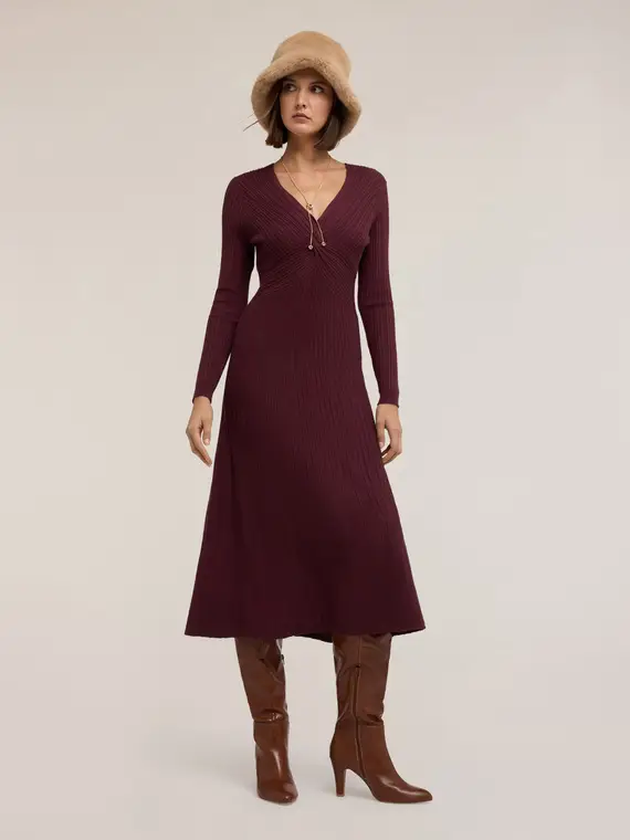 Vestito flare in maglia a costine Donna, Bordeaux