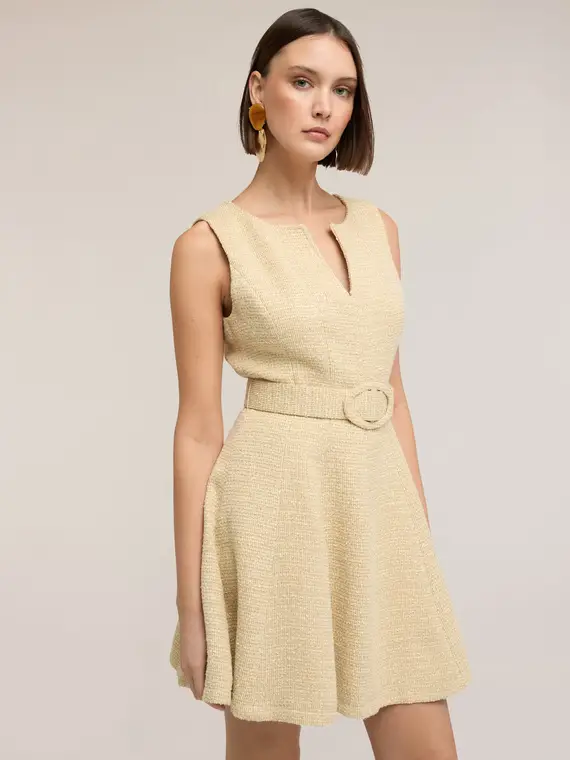 Vestito flare in tessuto bouclé con cintura Donna, Giallo miniatura 3