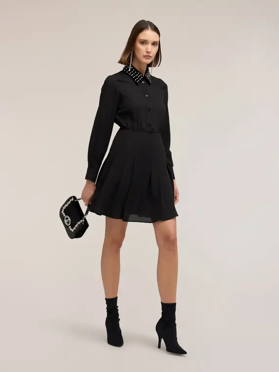 Vestito in georgette con colletto ricamato Donna, Nero miniatura 3