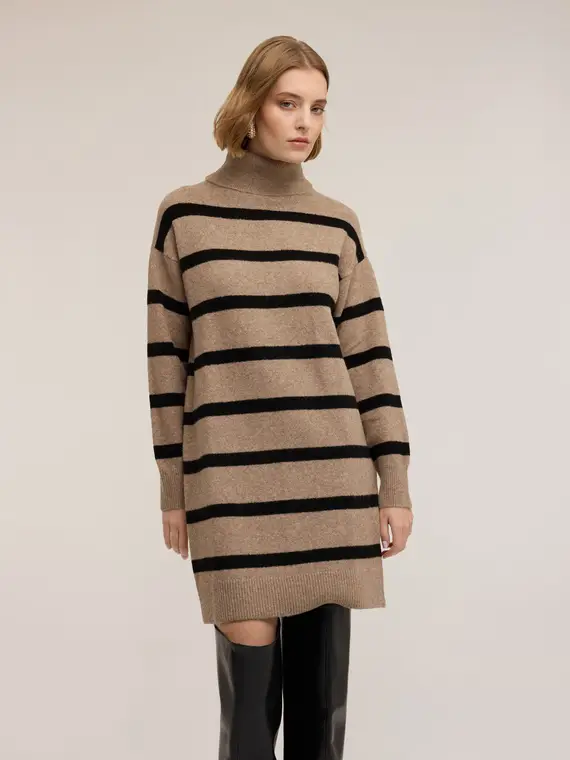 Vestito in maglia a righe Donna, Beige miniatura 3