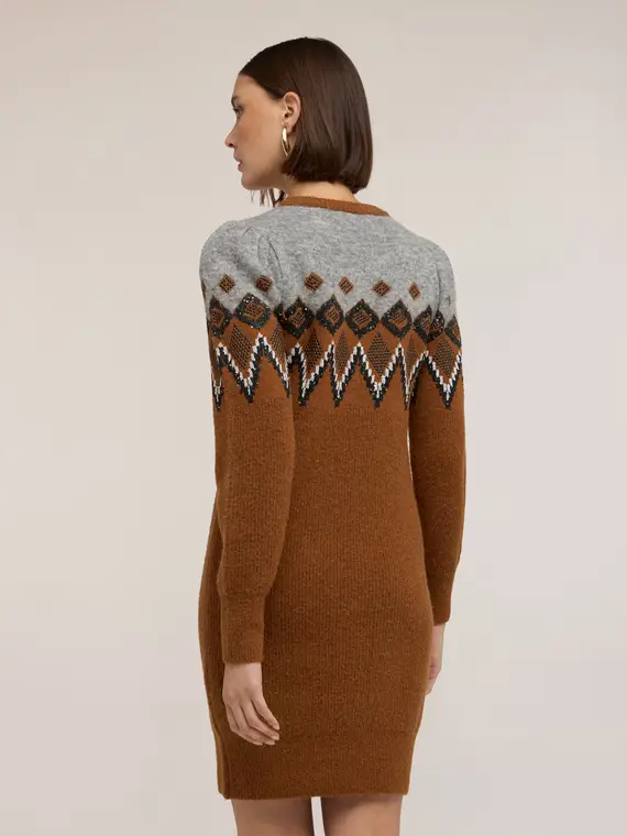 Vestito jacquard con maniche a palloncino Donna, Marrone miniatura 2