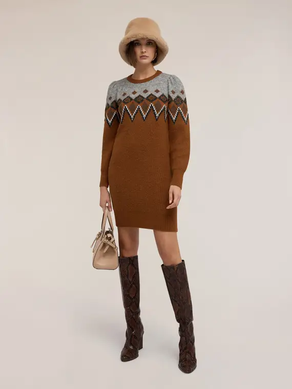 Vestito jacquard con maniche a palloncino Donna, Marrone miniatura 3