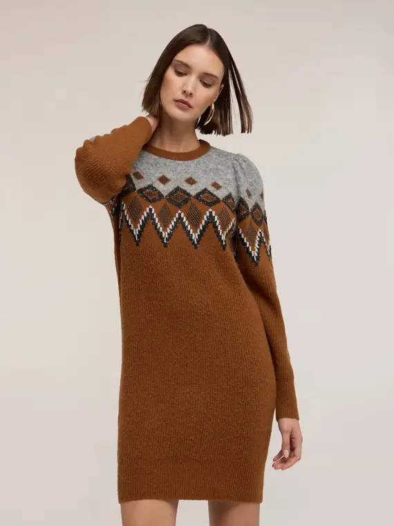 Vestito jacquard con maniche a palloncino Donna