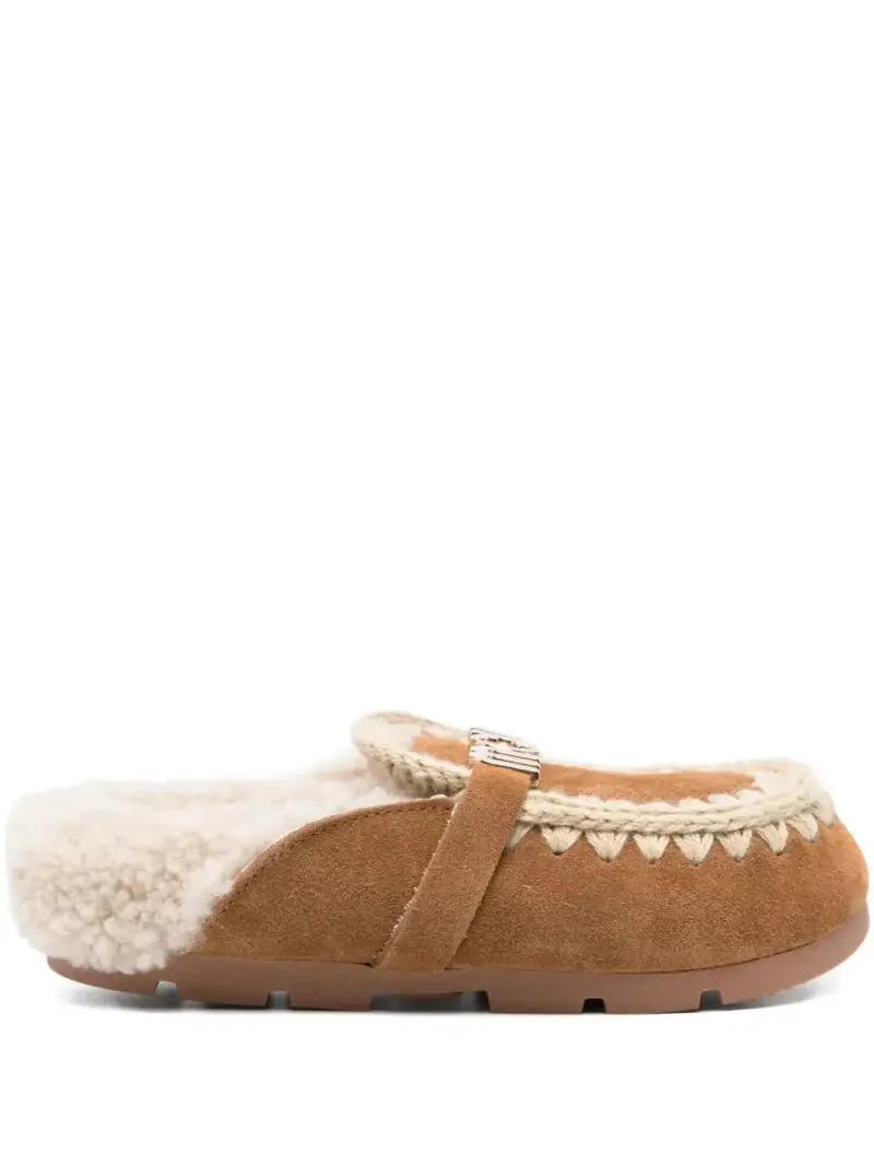 Mou Slippers marroni in pelle con fodera in shearling