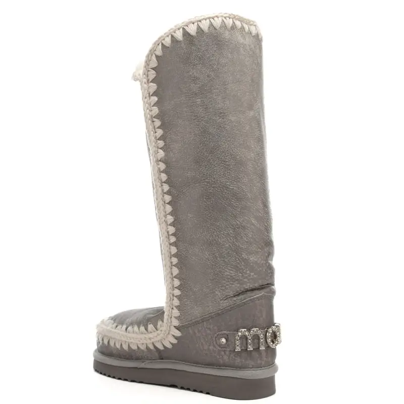 stivali alti eskimo rhinestones in vera pelle con logo con strass sul retro grigi miniatura 2
