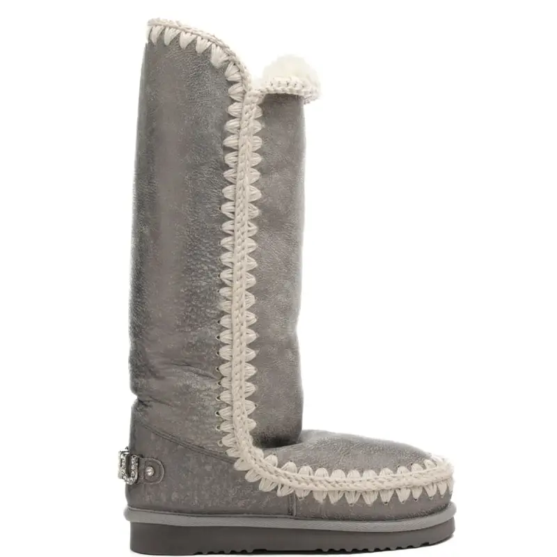 stivali alti eskimo rhinestones in vera pelle con logo con strass sul retro grigi