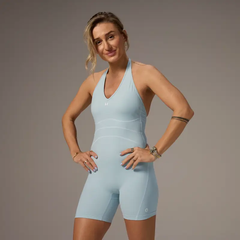 Tutina con pantaloncini e schiena scoperta a contrasto MP X Tatiana - Light Aqua Blu