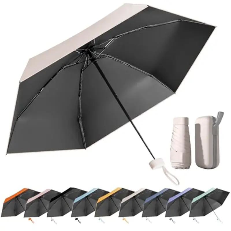 MPXEAVG Ombrello Mini, Ombrello Pieghevole, Mini Ombrello Tascabile, Ombrello Pieghevole Antivento, Ombrello da Viaggio, UPF>50+ Ombrello da Sole/Pioggia (Beige)