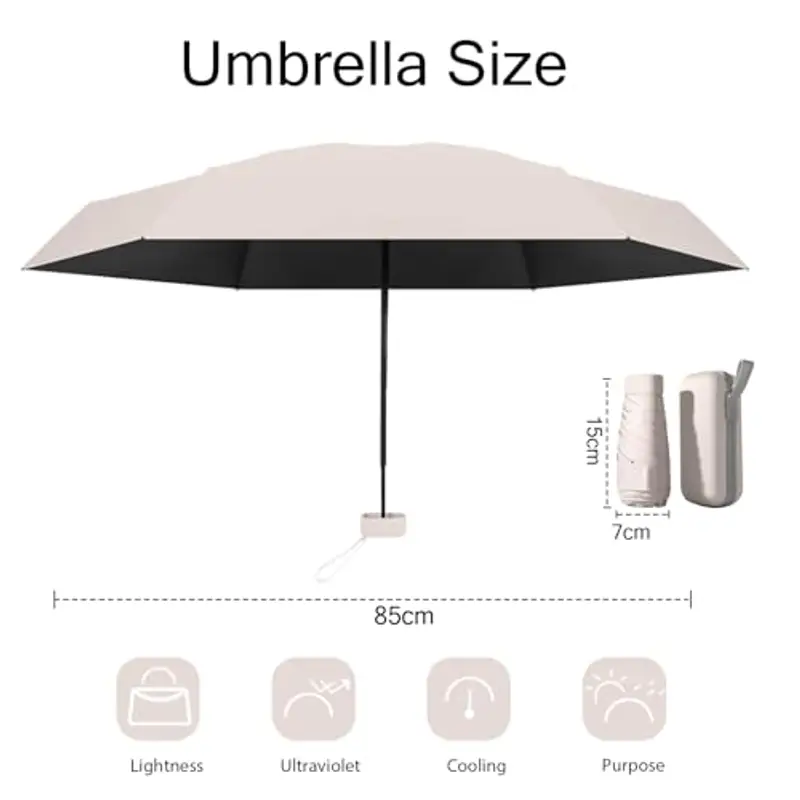 MPXEAVG Ombrello Mini, Ombrello Pieghevole, Mini Ombrello Tascabile, Ombrello Pieghevole Antivento, Ombrello da Viaggio, UPF>50+ Ombrello da Sole/Pioggia (Beige) miniatura 2