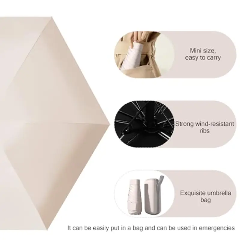MPXEAVG Ombrello Mini, Ombrello Pieghevole, Mini Ombrello Tascabile, Ombrello Pieghevole Antivento, Ombrello da Viaggio, UPF>50+ Ombrello da Sole/Pioggia (Beige) miniatura 3