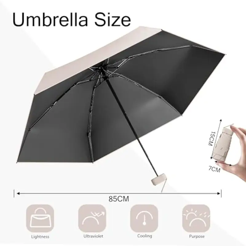 MPXEAVG Ombrello Mini, Ombrello Pieghevole, Mini Ombrello Tascabile, Ombrello Pieghevole Antivento, Ombrello da Viaggio, UPF>50+ Ombrello da Sole/Pioggia (Beige) miniatura 2