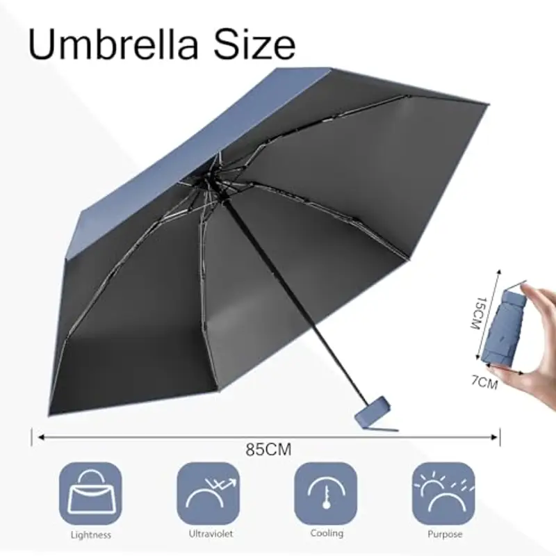 MPXEAVG Ombrello Mini, Ombrello Pieghevole, Mini Ombrello Tascabile, Ombrello Pieghevole Antivento, Ombrello da Viaggio, UPF>50+ Ombrello da Sole/Pioggia (Blu foschia) miniatura 2