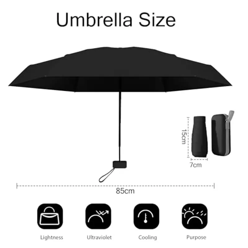 MPXEAVG Ombrello Mini, Ombrello Pieghevole, Mini Ombrello Tascabile, Ombrello Pieghevole Antivento, Ombrello da Viaggio, UPF>50+ Ombrello da Sole/Pioggia (nero) miniatura 2