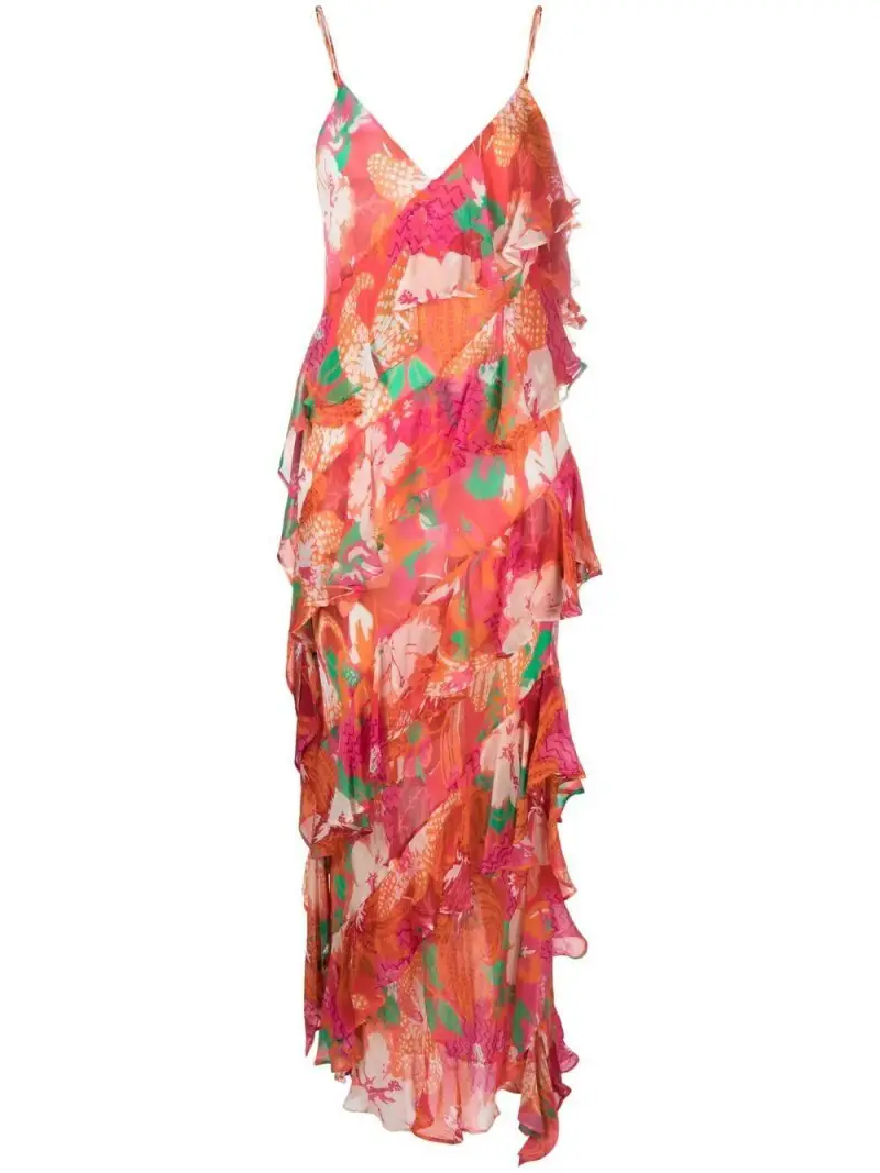 Abito fucsia fantasia floreale drappeggiato Rosso