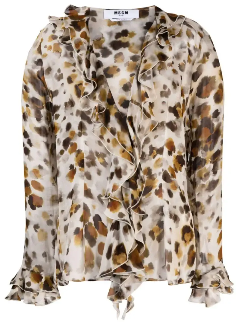 Blusa con rouches in georgette stampa "watercolor leopard" Bianco