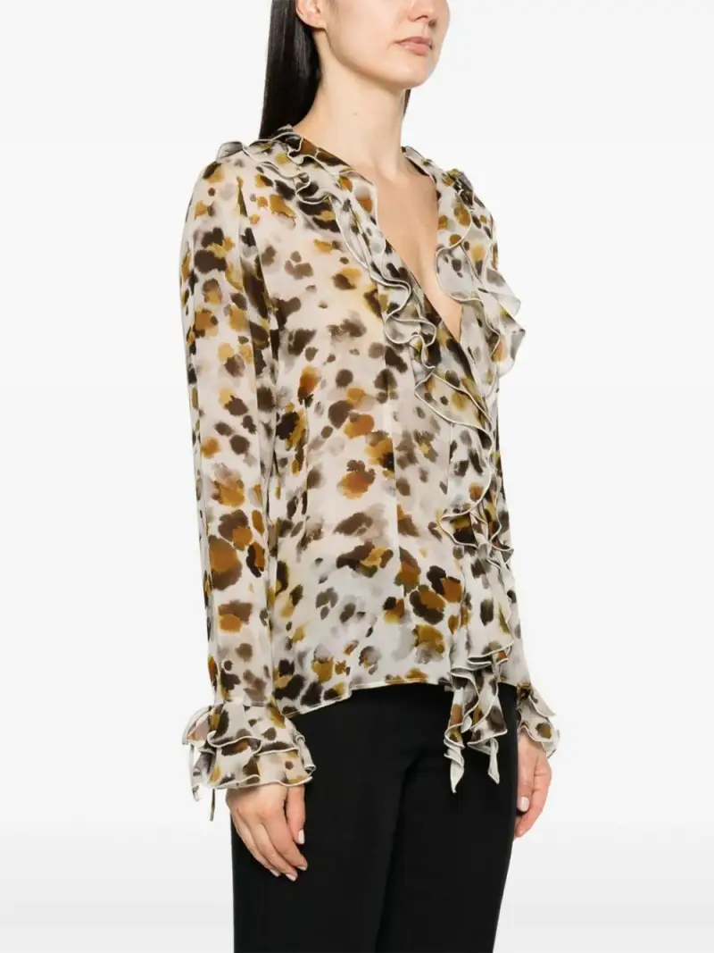 Blusa con rouches in georgette stampa "watercolor leopard" Bianco miniatura 3