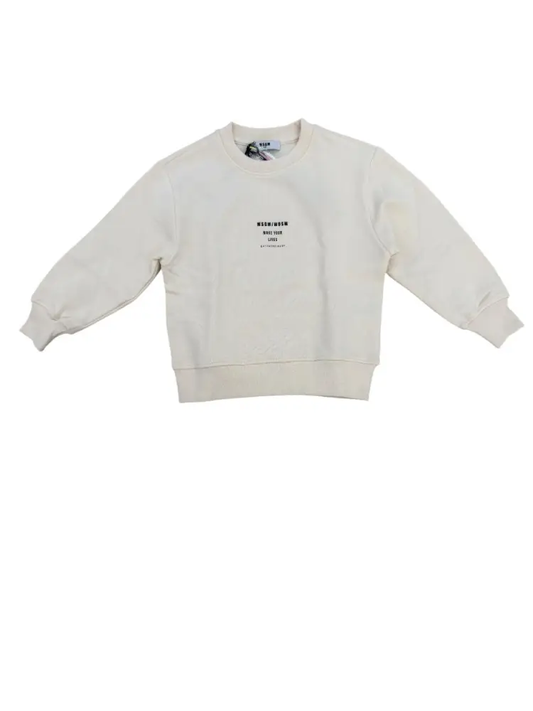 felpa crema bambino in cotone girocollo maxi logo sul retro a contrasto