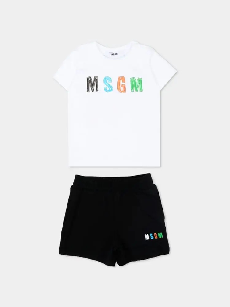 set infant t-shirt e short in cotone bianco e nero con logo multicolor