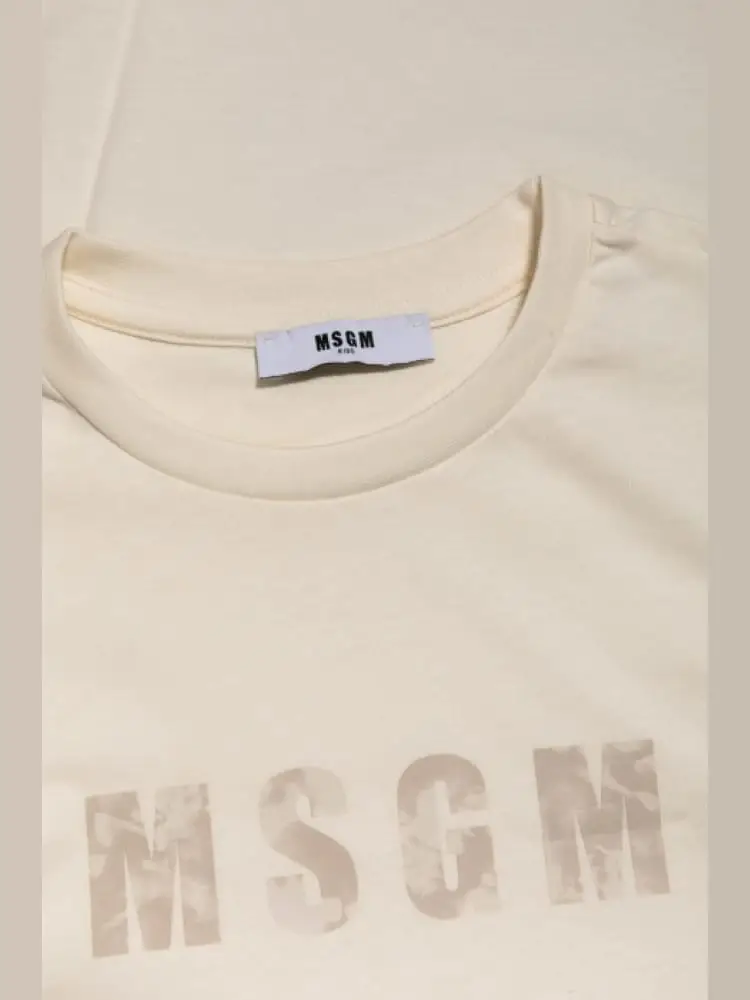 t-shirt kids/junior in cotone beige con stampa logo marmorizata miniatura 3
