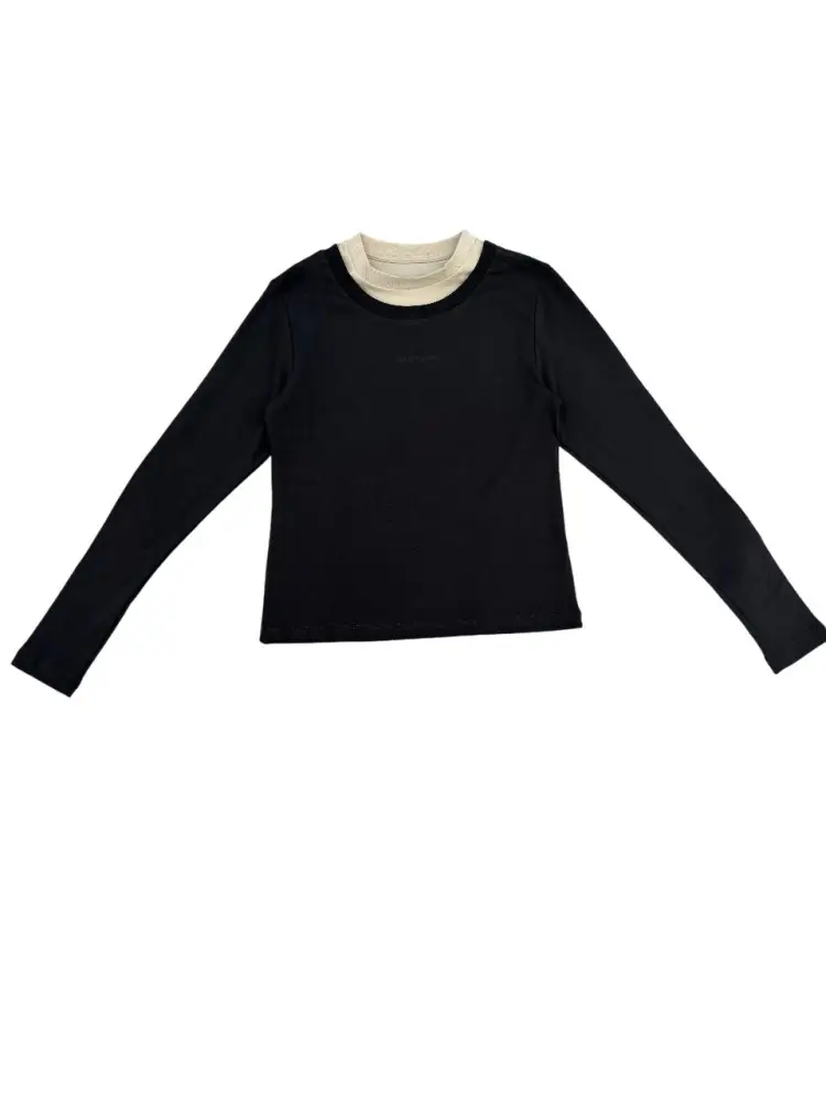 tshirt nera bambino in cotone manica lunga mini logo sul petto