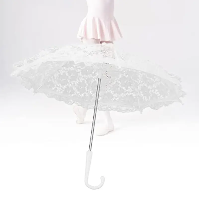 Msiud Ombrello Ricamato in Pizzo Bianco, Ombrellino di Pizzo Parasole Fiori Artigianali Vintage Fotografia Prop Bambini Spettacolo Teatrale Mini Decorazione Decorativa 42x49 cm/16, 5x19, 3 Pollici miniatura 3