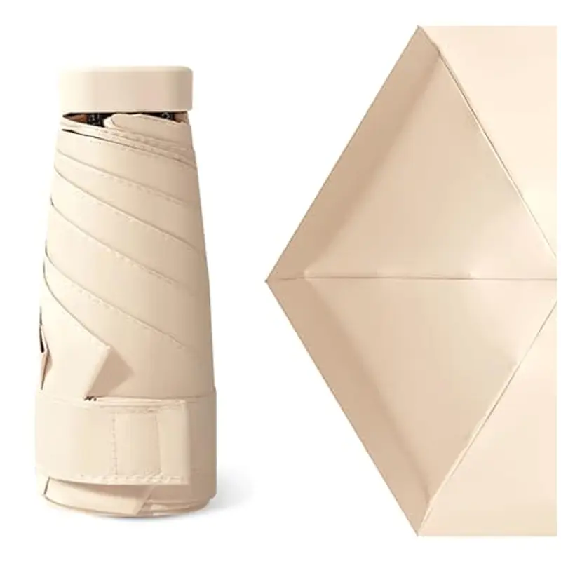 MUNSKT Ombrello da viaggio, mini ombrello pieghevole a 6 costine, antivento, leggero e compatto, da donna, Beige, Taglia unica