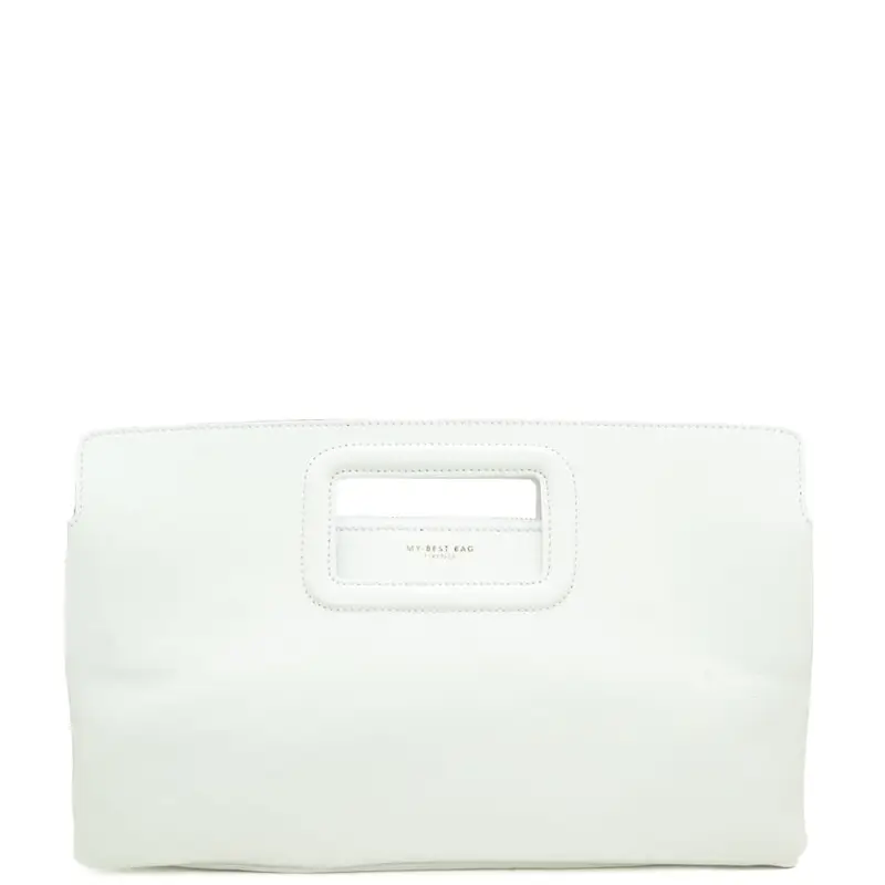 borsa a mano da donna in vera pelle con manico rettangolare e logo lettering stampato a fuoco sul davanti quarzo