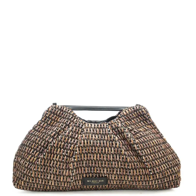 borsa a mano da donna in vera pelle e tessuto intrecciato con chiusura a clip rigida nera