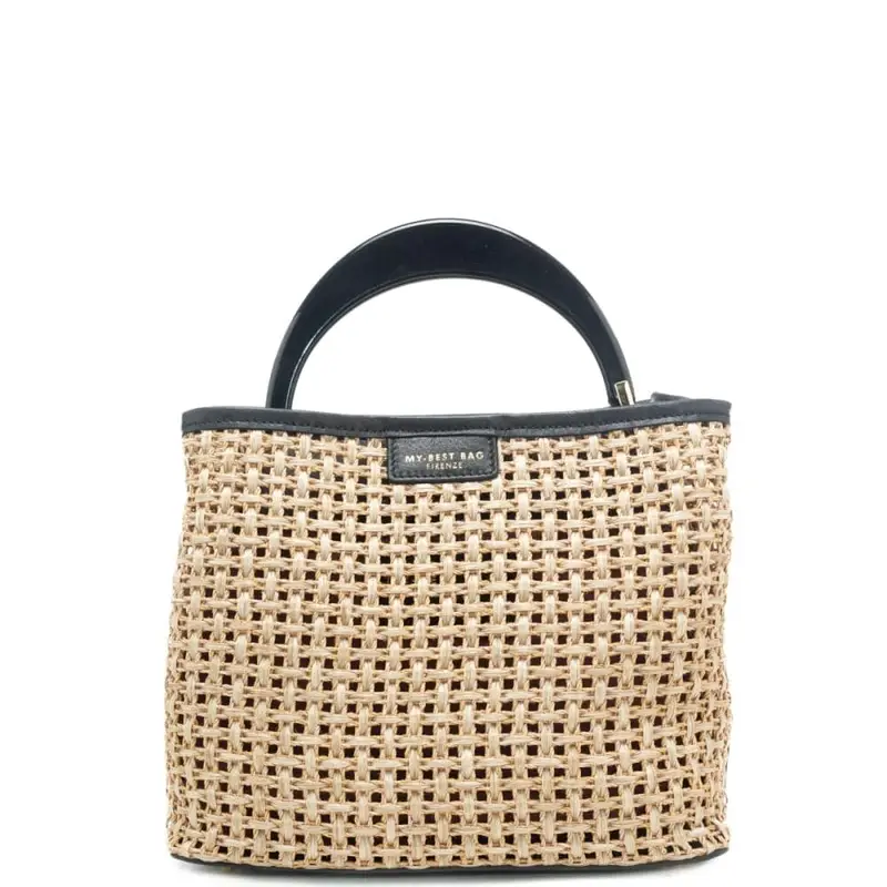 borsa a mano da donna in vera pelle e tessuto intrecciato con manico rigido naturale