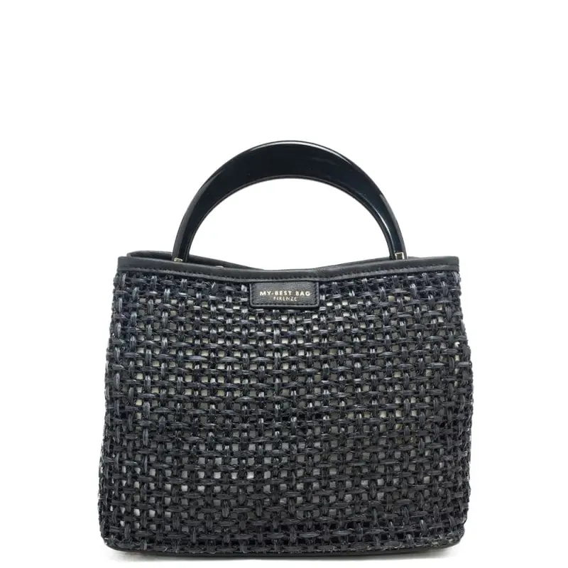 borsa a mano da donna in vera pelle e tessuto intrecciato con manico rigido nera
