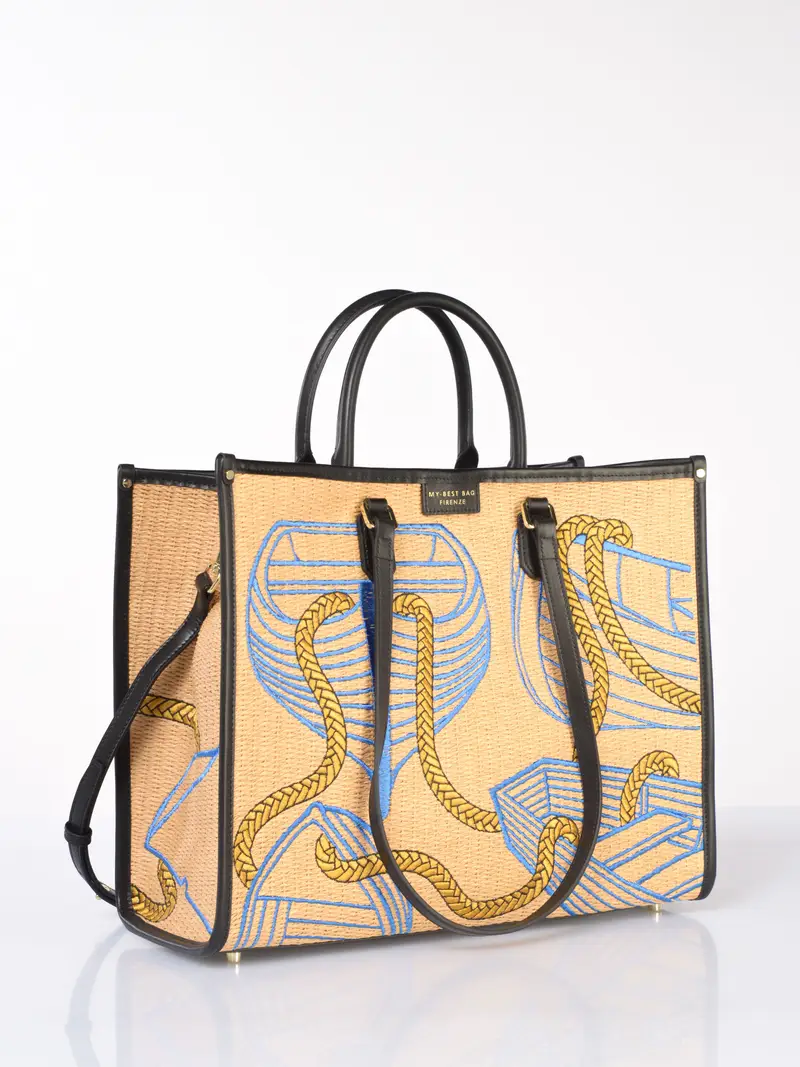 borsa a mano da donna My Best Bag Tote effetto raffia con ricami BEIGE miniatura 2