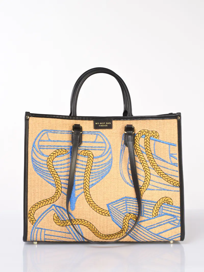 borsa a mano da donna My Best Bag Tote effetto raffia con ricami BEIGE