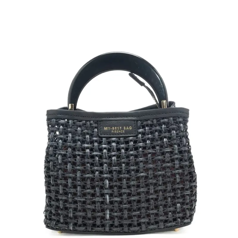 borsa a mano piccola da donna in vera pelle e tessuto intrecciato con manico rigido nera