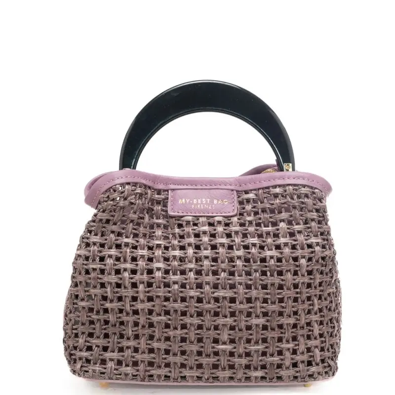 borsa a mano piccola da donna in vera pelle e tessuto intrecciato con manico rigido peonia