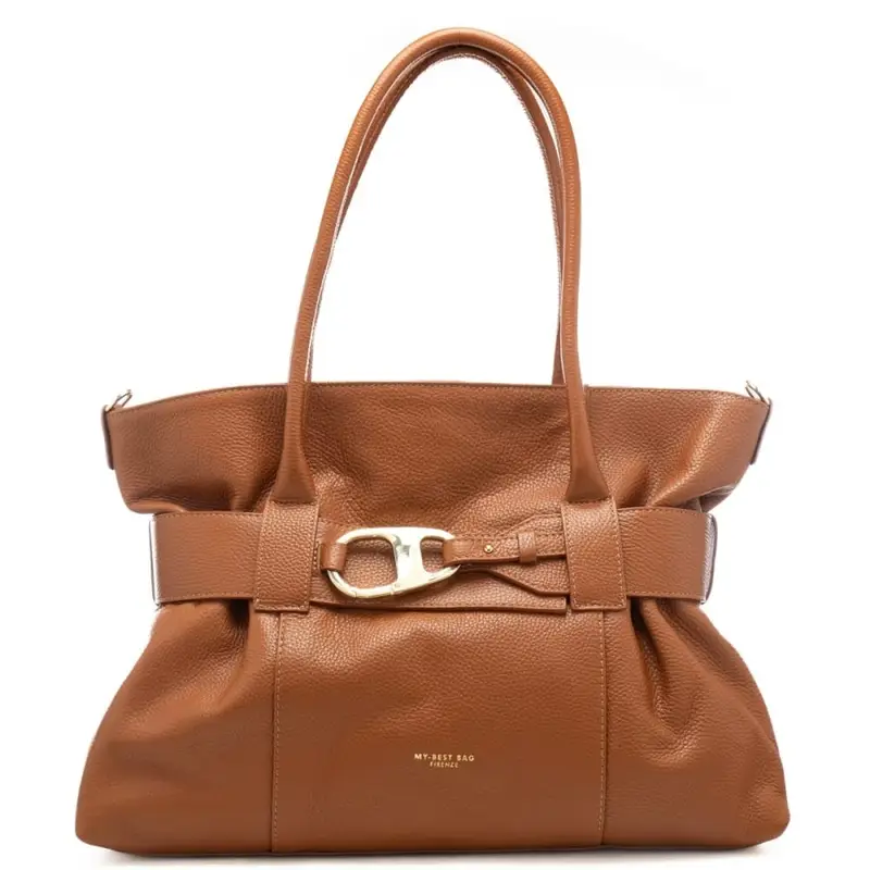 borsa a spalla da donna in vera pelle con cinturone sulla parte frontale marrone