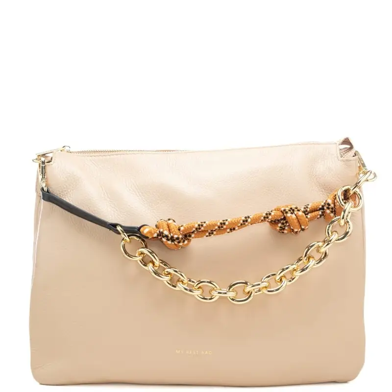 pochette da donna in vera pelle martellata con manico in catena e tessuto intrecciato a contrasto panna