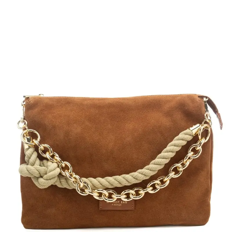 pochette da donna in vera pelle suede con manico in catena e tessuto intrecciato a contrasto cuoio