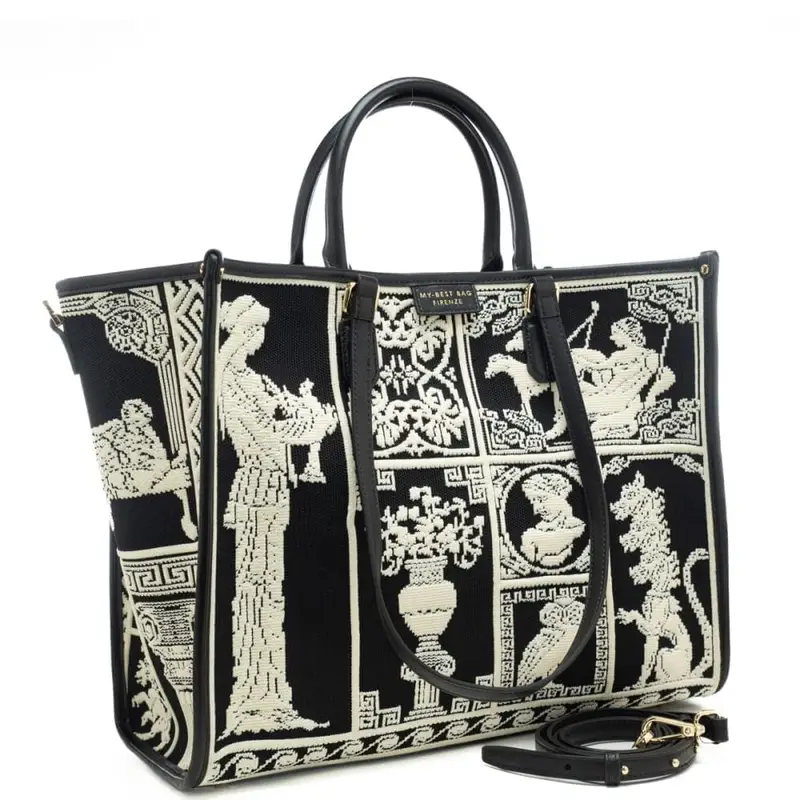 shopping bag da donna in vera pelle e tessuto intrecciato a fantasia antica grecia bianco nero miniatura 2
