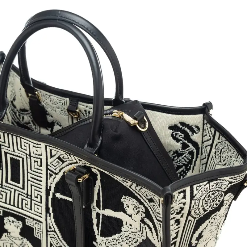 shopping bag da donna in vera pelle e tessuto intrecciato a fantasia antica grecia bianco nero miniatura 3