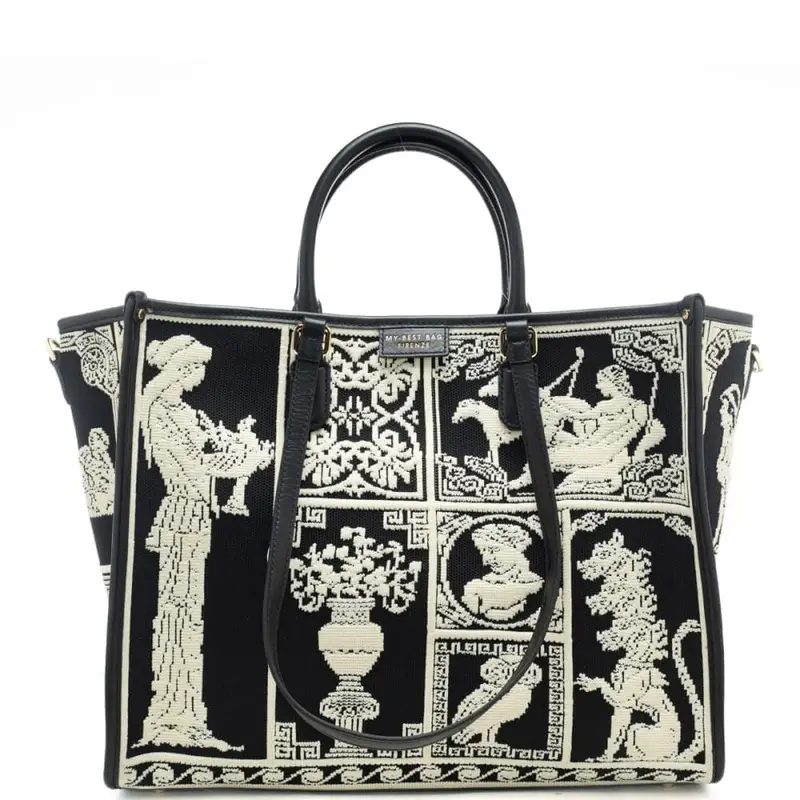shopping bag da donna in vera pelle e tessuto intrecciato a fantasia antica grecia bianco nero