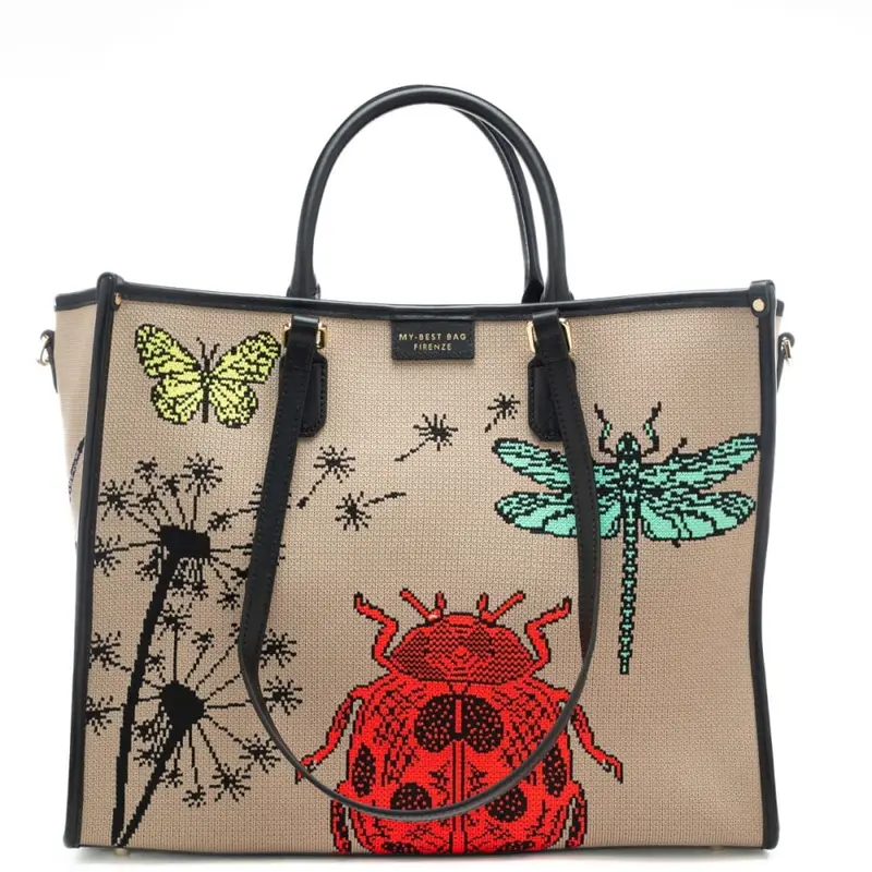 shopping bag da donna in vera pelle e tessuto intrecciato a fantasia con farfalle e insetti microcosmo