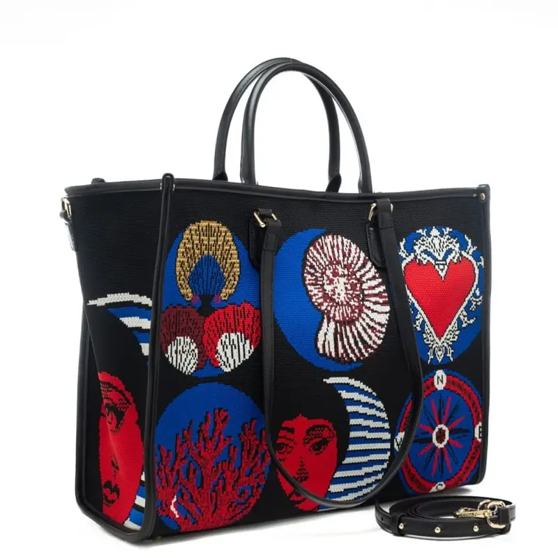 shopping bag da donna in vera pelle e tessuto intrecciato a fantasia conchiglie e cuore rosso blu miniatura 2