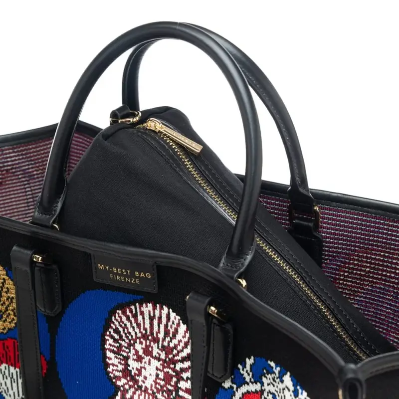 shopping bag da donna in vera pelle e tessuto intrecciato a fantasia conchiglie e cuore rosso blu miniatura 3