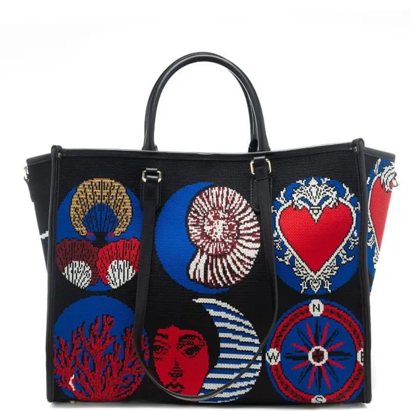 shopping bag da donna in vera pelle e tessuto intrecciato a fantasia conchiglie e cuore rosso blu