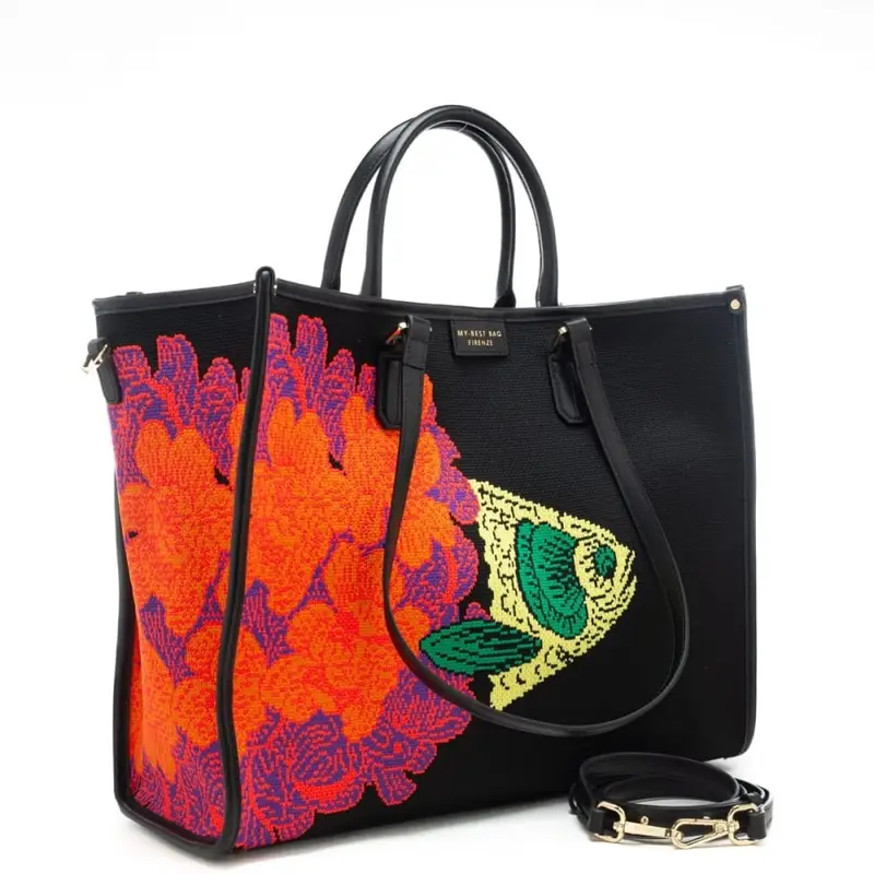 shopping bag da donna in vera pelle e tessuto intrecciato a fantasia floreale miniatura 2