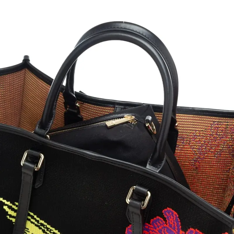 shopping bag da donna in vera pelle e tessuto intrecciato a fantasia floreale miniatura 3